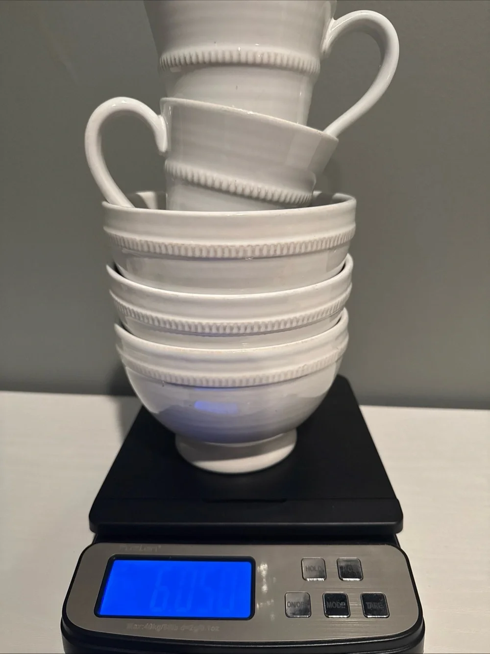 White Ceramic Pottery Barn Dining Bowl and Mug Set - Classic Beaded Design